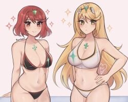 2girls arm_at_side bikini blush cleavage closed_mouth furrowed_brow hand_on_hip large_breasts looking_at_viewer multiple_girls mythra purrlucii pyra smile sparkles thighs xenoblade_(series) xenoblade_chronicles_2