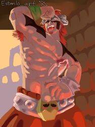 big_balls big_nipples big_penis brawl_stars cumshot damian_(brawl_stars) gay gay_male muscular_male red_background underarm_hair