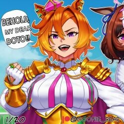 2026 2d 2girls absurd_res absurd_resolution absurdres ahoge ai_generated animal_ears armor blush breasts brown_hair cape comic crown ear_piercing ear_ribbon english_text fingerless_gloves gloves goonie_bear hair_between_eyes hi_res high_quality high_resolution highres horse_ears horse_girl image jewelry large_breasts long_sleeves looking_at_viewer meisho_doto_(umamusume) mini_crown multicolored_hair multiple_girls open_mouth orange_hair patreon patreon_username piercing pink_cape purple_eyes ring short_hair smile speech_bubble t.m._opera_o_(umamusume) twitter_username umamusume umamusume_pretty_derby uncensured upper_body watermark white_gloves white_hair white_shirt