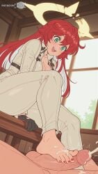 ai_assisted ai_generated barefoot big_breasts bodysuit breasts clothed clothed_female cum cum_on_feet cumshot curvy curvy_body curvy_female ejaculation excessive_cum feet foot_fetish foot_focus footjob green_eyes guilty_gear guilty_gear_strive halo jack-o'_valentine large_breasts long_hair moonwool_branch open_mouth red_hair sitting smile smiling thick_ass thick_thighs thighs toes uncensored