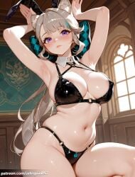 1girl ai_generated animal_ear_fluff animal_ears areola_slip arlequin097 armpits arms_up bare_shoulders bikini black_bikini blush bow breasts cat_ears cleavage closed_mouth covered_nipples detached_collar facial_mark fake_animal_ears genshin_impact grey_hair hoyoverse indoors large_breasts long_hair looking_at_viewer low_ponytail lynette_(genshin_impact) mihoyo navel o-ring patreon_username purple_eyes rabbit_ears rabbit_pose sitting solo star_(symbol) star_facial_mark stomach swimsuit thighs