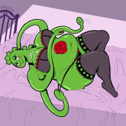 1girls 2026 anthro arm_behind_head bbw bed bedroom bedroom_eyes belly big_belly big_breasts biollante bra chibi_biollante chibi_godzilla_raids_again chubby commission drawsputin eyelashes female female_only godzilla_(series) green_skin leggings lingerie looking_at_viewer lying_on_bed monster_girl navel panties plant_girl plant_monster pulling_panties rose smile solo tendrils toho voluptuous watermark wide_hips