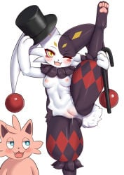 2026 anthro areola biped black_body black_clothing black_fur black_hat black_headwear black_nose blue_eyes blush blush_lines bodily_fluids breasts cattiva cheek_tuft clothing cute_fangs duo dupin_(pal) facial_tuft fangs female flexible fur genital_fluids genitals hat headgear headwear hi_res jester lagomorph leporid mammal markings mostly_nude mostly_nude_anthro mostly_nude_female multicolored_body multicolored_fur navel neck_tuft nipples one_eye_closed one_leg_up open_mouth pal_(species) palworld pawpads pink_areola pink_body pink_nipples pocketpair rabbit raised_leg red_markings simple_background splits spread_legs spreading standing teeth tongue top_hat tuft vaginal_fluids vertical_splits vulva white_background white_body white_fur wolflong yellow_eyes yellow_markings