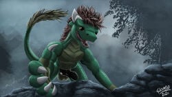 16:9 anthro balls big_balls black_penis brown_body brown_scales claws dragon european_mythology fangs fog fyardie genitals green_body green_scales hair horn kneeling knot knotted_penis licking licking_lips looking_at_viewer male mythological_creature mythological_scalie mythology penis red_hair rock scales scalie skimbo solo teeth tongue tongue_out western_dragon widescreen yellow_eyes