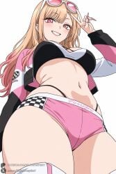 1female 1girl 1girls 2026 ai_generated artist_name big_ass big_breasts bikini blonde_hair blush breasts cameltoe crop_top curvy earrings eyewear_on_head from_below gradient_hair grin hi_res high_quality high_resolution highleg highres huge_ass huge_breasts jacket jewelry kitagawa_marin large_breasts long_hair long_sleeves looking_at_viewer midriff multicolored_hair my_dress_up_darling navel open_clothes patreon patreon_username pink_eyes pink_nails pink_shorts race_queen red_eyes short_shorts shorts simple_background smile solo sono_bisque_doll_wa_koi_wo_suru sunglasses thighhighs thighs underwear unjobdespiert v watermark white_background