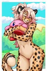 2026 5_fingers accessory alexandra_(velocitycat) anthro biped black_ears black_nose black_spots blep blonde_hair blue_eyes breasts brown_body brown_fur brown_tail cheetah cloud countershade_fur countershade_torso countershading day digital_drawing_(artwork) digital_media_(artwork) duo felid feline female fingers fluffy fluffy_hair front_view fur genitals hair hair_accessory hair_tie hi_res humanoid_hands kirby kirby_(series) mammal markings navel nintendo nude nude_anthro nude_female one_eye_closed outdoor_nudity outside pink_body pink_eyes pink_tongue plant purple_eyes sky spots spotted_body spotted_fur spotted_markings spotted_tail spuydjeks standing tail tail_markings tan_inner_ear tied_hair tongue tongue_out tree vulva