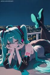 1girl ai_generated aqua_eyes aqua_hair aqua_nails bare_shoulders black_footwear black_skirt boots detached_sleeves feet_up hatsune_miku hi_res high_quality high_resolution legs_up long_hair looking_at_viewer lying number_tattoo on_stomach patreon seductive sexy shoulder_tattoo skirt smile solo tattoo the_pose thigh_boots thighhighs twintails uncensored very_long_hair vocaloid watermark