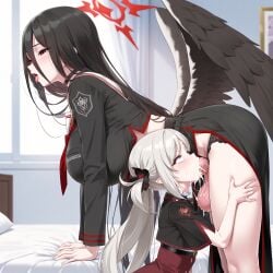 ahegao ai_generated balls ballsack black_hair blue_archive cock cum cum_in_mouth cum_inside deepthroat fellatio female futa_on_female futanari hanekawa_hasumi hasumi_(blue_archive) light-skinned_female light-skinned_futa mutsuki_(blue_archive) nameless_gooner penis purple_eyes red_eyes scrotum self_upload white_hair wings