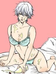 blue_bra blue_panties bra canon_genderswap cleavage genderswap_(mtf) ginko_sakata gintama gintoki_sakata looking_at_viewer mayonnaise medium_breasts panties pink_background rule_63 sexually_suggestive short_hair sitting suggestive_fluid white_hair