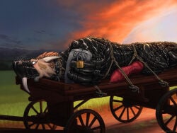 4:3 ammylin bdsm black_latex bodily_fluids bodysuit bondage bondage_gear bound brown_body brown_scales cart clothing dragon feral genital_fluids genitals horn knot knotted_penis latex latex_bodysuit latex_clothing latex_skinsuit lock male male_feral muzzle_(object) muzzled mythological_creature mythological_scalie mythology penis precum restraints scales scalie skinsuit solo stocks tight_clothing
