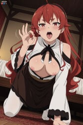 1boy 1girl absurdres adult ahoge ai_assisted ai_generated all_fours bed big_breasts black_hairband blush breasts breasts_out eris_greyrat fellatio_gesture female hairband heeven highres indoors long_hair long_sleeves looking_at_viewer male mature medium_breasts mushoku_tensei mushoku_tensei:_isekai_ittara_honki_dasu nipples on_bed open_clothes open_mouth pantyhose patreon patreon_username perfect_body questionable red_eyes red_hair skirt solo tongue tongue_out uncensored white_pantyhose