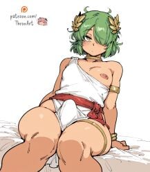 1boy 1femboy ai_generated ancient_greek_clothes armlet blush_lines bracelet bulge choker erection_under_clothes femboy green_hair hair_over_one_eye knees_together_feet_apart laurel_crown looking_at_viewer nipple original_character sash sitting_on_bed thigh_strap thronart yellow_eyes