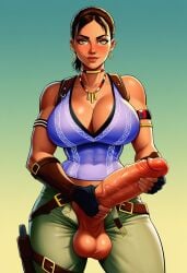 1futa abs ai_generated aipixelporn bikini cum dark-skinned_futa dark_skin foreskin futanari intersex leopard_print penis resident_evil resident_evil_5 self_upload sheva_alomar solo solo_futa uncircumcised
