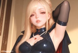 1boy 1femboy absurd_res ai_generated arm_behind_head arm_up armpits artist_name artist_upload black_cape blonde_hair breasts cape cleavage cleavage_cutout clothing_cutout crossdressing dress earrings elbow_gloves femboy femboy_focus feminine_male gay gem gloves hair_bun hi_res jewelry lips long_hair looking_at_viewer medium_breasts more_at_source necklace pandora parted_lips patreon patreon_logo patreon_username pearl_necklace presenting_armpit red_eyes self_upload single_hair_bun solo transgender uncensored upper_body vampire watermark