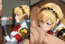 1boy 1girl ai_generated aigis_(persona) android armband bedroom blonde_hair bow clothed_female_nude_male cum_out_nose deepthroat expressionless femdom from_above from_side handjob hug_and_suck hugging_another's_leg light_blue_eyes motion_lines neutral_face on_floor penis persona persona_3 robot_joints short_hair solo_focus standing upper_body vilerune young_male