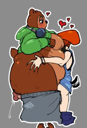 anthro beanie bear between_moobs big_nipples biped black_ears black_nose black_tail blue_bottomwear blue_clothing blue_pants blue_shirt blue_tank_top blue_topwear bodily_fluids bottomless bottomwear bottomwear_down bracelet brown_body brown_ears brown_fur brown_nipples canid canine canis clothed clothing cropped domestic_dog duo electronics erection floppy_ears fur genital_fluids genitals green_clothing green_hoodie green_topwear grey_background grey_bottomwear grey_clothing grey_pants half-closed_eyes hat head_between_moobs headgear headphones headphones_around_neck headwear heart_symbol hoodie jewelry leaking_precum leg_grab lifted_clothing light_body light_fur long_penis looking_at_another looking_at_partner male male/male mammal moobs narrowed_eyes nipples obscured_face obscured_penis orange_beanie orange_clothing orange_hat orange_headwear outline oversized_bottomwear oversized_clothing oversized_pants overweight overweight_anthro overweight_male pants pants_down parappa parappa_the_rapper partially_clothed penis penis_between_thighs pj_berri precum red_heart_symbol sex shirt simple_background sony_corporation sony_interactive_entertainment tail tail_motion tailwag tank_top thigh_grab thigh_sex topwear white_outline wristband yuckyalternate