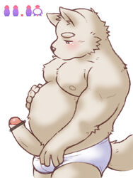 41raco anthro belly blush bulge canine censor_bar censored cheek_tuft clothed clothing erection eyebrows fur half-closed_eyes half-dressed kirupi male male_only mammal moobs nipples overweight partially_clothed penis plain_background shirako solo standing thick_eyebrows topless tuft uncut underwear white_background white_fur