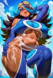 1girl 2026 2d absurd_res absurd_resolution absurdres ai_generated black_hair blue_eyes blue_hair bodysuit breasts cameltoe clothing_cutout cloud covered_nipples curvy dark-skinned_female dark_skin day eyeshadow game_freak gloves goggles goggles_on_head hair_over_one_eye hi_res high_quality high_resolution highres huge_breasts long_hair looking_at_viewer makeup mamiya multicolored_hair navel nintendo pokemon_oras shelly_(pokemon) shelly_(pokemon_oras) shiny_skin sky solo streaked_hair sweat team_aqua thick_thighs thighs tongue tongue_out two-tone_hair underboob wet