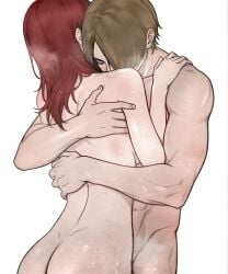 1boy 1girls arms_around_partner art_undertaker ass back back_view bite_mark bottomless feet_out_of_frame female girls'_frontline girls'_frontline_2:_exilium hugging lentine_(girls'_frontline_2) long_hair male naked nude red_hair steam sweat sweatdrop topless