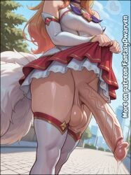 1girl ahri ai_generated blonde_hair detached_sleeves dripping_precum erection fox_ears fox_tail from_below futa_solo futanari head_out_of_frame high_heels lamppost large_penis league_of_legends long_hair low_angle multiple_tails outdoors park penis precum precum_drip solo star_guardian_ahri testicles thighhighs tree uncut veiny_penis