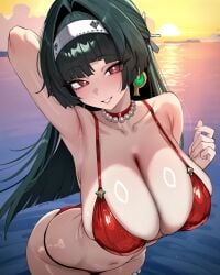 1girls ai_generated armpits astra_yao bangs beach bikini black_hair blunt_bangs blush breasts choker cleavage collarbone earrings eyebrows_visible_through_hair hairband hoop_earrings huge_breasts jewelry long_hair looking_at_viewer navel necklace ocean red_bikini red_eyes smile solo swimsuit zenless_zone_zero