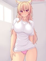 ass_visible_through_thighs blonde_hair breasts cat_ears catgirl fang nottytiffy panties red_eyes red_highlights t-shirt thighs tiffy tiffynyaa