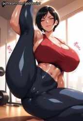 1girl ada_wong ada_wong_(adriana) ai_generated bokeh_background breasts confident_expression curvy gaddariat huge_breasts large_breasts leg_extended looking_at_viewer mirrors morning_light patreon resident_evil resident_evil_2 resident_evil_2_remake resident_evil_3 resident_evil_3_remake resident_evil_4 resident_evil_4_remake resident_evil_5 resident_evil_8:_village resident_evil_9:_requiem slim_waist solo sports_bra stretching voluptuous