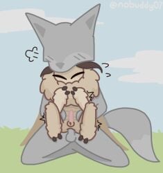 anal anal_penetration antennae_(anatomy) anthro arthropod balls belly_grab blush canine dominant duo eyeless eyes_closed fluff_(nobuddy) fluffy fox front_view fur genitals grey_body holding_partner insectoid_wings kneeling larger_dom lepidopteran lepidopteran_wings male male/male mammal moth mouthless nobuddy nude_anthro nude_male outside penetration penile penile_penetration penis pink_penis riding shaking sitting size_difference smaller_male spread_legs spreading tail tan_body tan_fur tremble_spikes