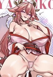areolae_peeking ass_visible_through_thighs big_areola big_ass big_breasts busty busty_female cameltoe curvy curvy_female genshin_impact hair_between_eyes half-dressed juicy_lips kimono kimono_partially_removed legs legs_apart lifting_own_clothes long_hair mashiaka pink_hair pink_nipples pussy pussy_peek squatting thick_ass thick_thighs wide_hips yae_miko