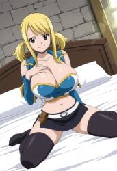 1girl ai_generated anime anime_style bed belt black_skirt black_thighhighs blonde_hair breasts brown_eyes cleavage collarbone detached_sleeves earrings fairy_tail hand_on_own_chest hentai hi_res huge_breasts indoors jewelry large_breasts long_hair looking_at_viewer lucy_heartfilia midriff miniskirt mystic_maidens navel on_bed patreon pillow sitting skirt smile solo thighhighs twintails wariza