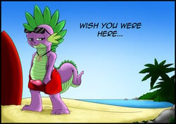 1boy 2015 anthro clothing dragon english_text erection exelzior-maximus friendship_is_magic grin looking_at_viewer male male_only my_little_pony penis scalie smile smooth_skin solo spike_(mlp) swimming_trunks swimsuit text