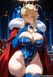 1girl ahoge ai_assisted ai_generated artoria_pendragon_(all) artoria_pendragon_(fate) artoria_pendragon_(lancer) artoria_pendragon_(lancer)_(fate) bangs bare_shoulders blonde_hair blue_gloves blue_legwear blue_leotard blush braid breasts cape cleavage closed_mouth covered_navel crown curvaceous curvy curvy_female curvy_figure elbow_gloves fate/grand_order fate_(series) female finger_to_mouth french_braid fur-trimmed_cape fur_trim gloves green_eyes hair_between_eyes heart-shaped_pupils highleg_leotard hip_focus huge_breasts leotard long_hair looking_at_viewer miyuai red_cape sidelocks smile solo swept_bangs symbol-shaped_pupils thick thick_ass thick_butt thick_hips thick_legs thick_thighs thighhighs thighs voluptuous voluptuous_female wide_hips wide_thighs