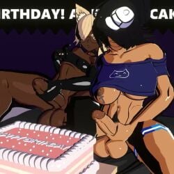 2girls animated black_hair blonde_hair blue_eyes cake colonalcbplayer cum cum_on_cake cum_on_food dark_skin excessive_cum futa_only futanari large_breasts mary_(colonalcbplayer) masturbation mutual_masturbation nicky_(colonalcbplayer) nipple_piercing small_breasts tagme testicles video