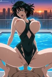 1boy 1girl ai_generated barefoot black_hair black_one-piece_swimsuit blush breasts breasts_out cityscape clothed_sex clothing_aside dark_skin digitalwaifugallery fubuki_(one-punch_man) green_eyes hetero hi_res high_quality high_resolution large_breasts nipples one-piece_swimsuit one-punch_man open_mouth patreon patreon_username penis pool pov pussy seductive sex sexy short_hair solo_focus spread_legs sweat swimsuit swimsuit_aside uncensored vaginal water watermark