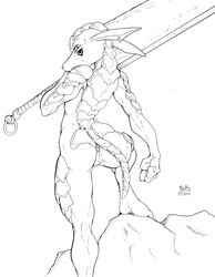 2004 amazon_(polar) anthro anus armadillo black_and_white ear_piercing female jeremy_mullins mammal monochrome nude piercing plain_background pussy solo sword weapon white_background