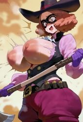 1girl 2026 2d absurd_res absurd_resolution absurdres ai_generated axe bandolier belt black_headwear black_vest blush breasts breasts_out brown_eyes brown_hair domino_mask gloves haru_okumura haru_okumura_(noir) hat hi_res high_quality high_resolution highres holding holding_axe holding_weapon huge_breasts lactation large_areolae large_breasts long_sleeves mamiya mask nipples no_bra okumura_haru open_mouth persona persona_5 puffy_nipples purple_gloves purple_shorts shirt short_hair shorts solo surprised sweat torn_clothes vest wardrobe_malfunction weapon