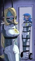 2girls ball_gag blindfold blonde_hair blue_hair bondage cynthia_(pokemon) dawn_(pokemon) female_only gingrjoke nintendo pokemon tagme team_galactic text