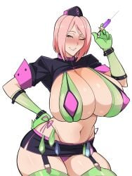 1girls airi_akura alternate_version_available armwear belt big_breasts blush bottomwear breasts cosplay fate/grand_order fate_(series) female female_only florence_nightingale_(trick_or_treatment)_(fate)_(cosplay) garter_straps gloves green_eyes green_gloves green_thighhighs hair hand_on_hip headwear holding_object huge_breasts legwear long_hair naruto naruto_(series) nurse nurse_hat nurse_outfit nurse_uniform pink_hair sakura_haruno skimpy skimpy_clothes smile solo solo_female syringe thick_thighs thighhighs thighs topwear wink winking