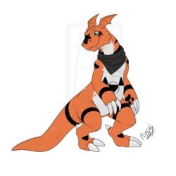 1boy 2015 bandana cute_fangs digimon digitigrade guilmon kaptcha looking_away male male_only plain_background scalie signature solo standing white_background