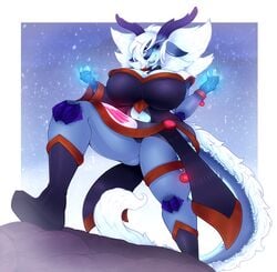 alexaxes anthro big_breasts boots breasts cervine clothed clothing dragon eastern_dragon female footwear horn huge_breasts hybrid mammal pussy slightly_chubby smile snow solo standing thick_thighs voluptuous