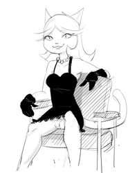 2018 anthro basic_instinct bottomless breasts cassandra_cat clothed clothing dbaru dress feline feline female gloves hair mammal monochrome parody pose presenting presenting_pussy pussy short_hair simple_background sitting sketch slylock_fox_&_comics_for_kids solo spread_legs spreading upskirt