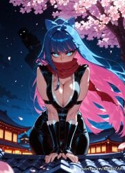 1boy 1girl 2026 ai_generated anime arm_support bangs bare_shoulders blue_bow blue_eyes blue_hair blunt_bangs boobs bow breasts cherry_blossoms cleavage colored_inner_hair crossover eye_contact female female_focus fishnets glowing glowing_eyes hair_bow highres huge_breasts large_breasts leaning_forward long_hair looking_at_viewer male multicolored_hair night night_sky ninja nsfw outdoors panty_&_stocking_with_garterbelt patreon patreon_username petals pink_hair ponytail red_scarf rognezart scarf sky solo solo_focus stocking_anarchy tree two-tone_hair very_long_hair watermark web_address