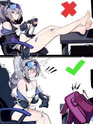 2girls band-aid bandage bandages barefeet barefoot blush blushing breasts chair clothed clothed_female controller correct_gaming_posture_(meme) crop_top desk distr distrbeachboy drill_hair feet_on_desk feet_up female femdom fingerless_gloves gaming gaming_chair glasses glasses_on_head gloves hand_on_crotch honkai:_star_rail hoyoverse jacket kafka_(honkai:_star_rail) light-skinned_female light_skin motion_lines mouth_closed navel pc playing_videogame pony_tail ponytail posture remote short_shorts silver-hair silver_eyes silver_wolf_(honkai:_star_rail) sitting_up small_breasts surprised surprised_expression thighs toe_nails toes twitching vibrator vibrator_in_pussy vibrator_under_clothes yuri