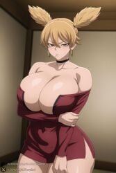 1female 1girl 1girls 2026 ai_generated artist_name bangs bare_shoulders big_ass big_breasts blonde_hair breasts brown_eyes candy choker cleavage collarbone covered_navel curvy dress earrings food hair_between_eyes hi_res high_quality high_resolution highres hoop_earrings huge_ass huge_breasts indoors jewelry looking_at_viewer microdress momokusa_yomogi patreon patreon_logo patreon_username red_dress short_dress short_hair short_twintails solo thick_thighs thighs tight_dress tougen_anki twintails unjobdespiert watermark