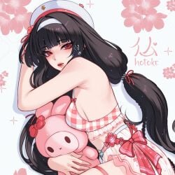 1girls beach black_hair chisa_(wuthering_waves) female long_hair medium_breasts official_alternate_costume pink_swimsuit red_eyes see-through_clothing see-through_swimsuit skirt_lift swimsuit wuthering_waves
