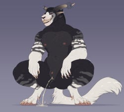 anthro bodily_fluids charr claws crouching dewclaw felid female flat_chested genital_fluids genitals guild_wars hi_res horn looking_at_viewer mammal masonparker multi_ear navel nipples nude peeing simple_background smile smiling_at_viewer solo tail toe_claws urine vulva watersports