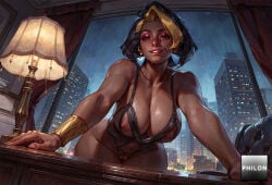 1girls ai_generated bent_over black_bra black_hair black_panties blonde_hair bra bracelet breasts brown_eyes city cleavage collarbone crotchless crotchless_panties cupless_bra curtains dark-skinned_female dark_nipples dark_skin desk domina earrings eyeshadow fingernails grin heart_earrings indoors jewelry lamp large_breasts leaning_forward lingerie lips looking_at_viewer makeup multicolored_hair night nipples nose overwatch panties philon pussy rain short_hair skyscraper smile solo stable_diffusion teeth thick_thighs thighs two-tone_hair underwear veins wet window