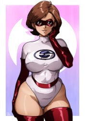 1girls alternate_costume alternate_version_available bare_thighs big_breasts breasts brown_eyes brown_hair clothing domino_mask eyewear female female_only front_view gravydood hair helen_parr hips legwear leotard mature mature_female mature_woman milf mother red_thighhighs short_hair smile solo solo_female superhero_costume superheroine the_incredibles thick_thighs thighhighs thighs white_leotard