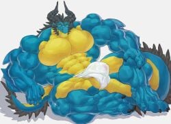 abs anthro balls biceps big_muscles blue_body bottomwear bulge calf_muscles clothed clothing countershade_torso countershading deltoids dragon genitals horn huge_muscles hyper hyper_muscles loincloth lying male muscular muscular_male mythological_creature mythological_scalie mythology pecs scalie simple_background solo tail underwear underwear_only unknown_artist white_background yellow_body yellow_eyes