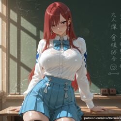1girl ai_generated bangs black_thighhighs blue_bow blue_skirt blush bow bowtie breasts chalkboard collared_shirt cross cross_earrings earrings erza_scarlet fairy_tail indoors jewelry kermixx large_breasts long_hair long_sleeves looking_at_viewer pleated_skirt red_eyes red_hair school_uniform shirt sitting skirt solo thighhighs white_shirt